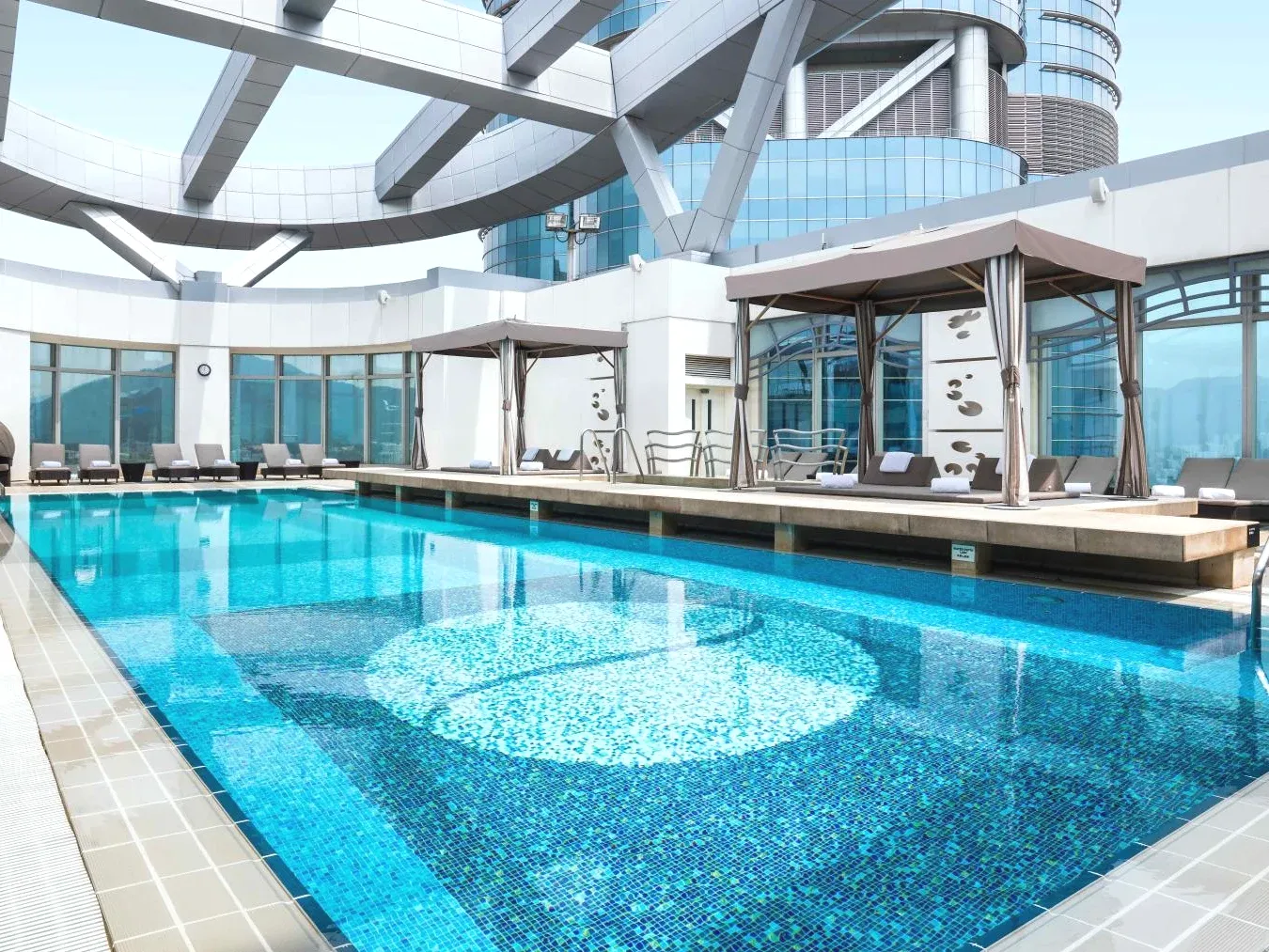 Transparent glass roof and swimming pool Cordis Hong Kong Premium 5-Star Hotel in Yau Tsim Mong District